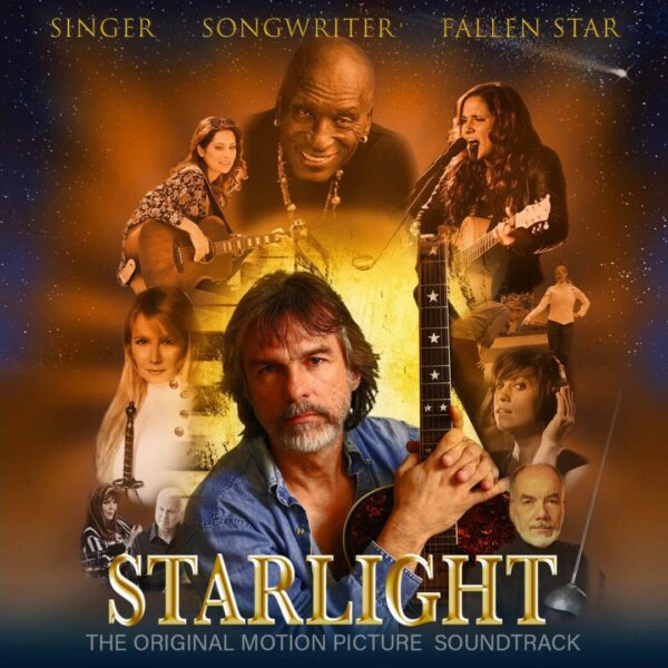 Musicians with instruments and microphones set against a starry backdrop, promoting the "Starlight Movie Soundtrack.